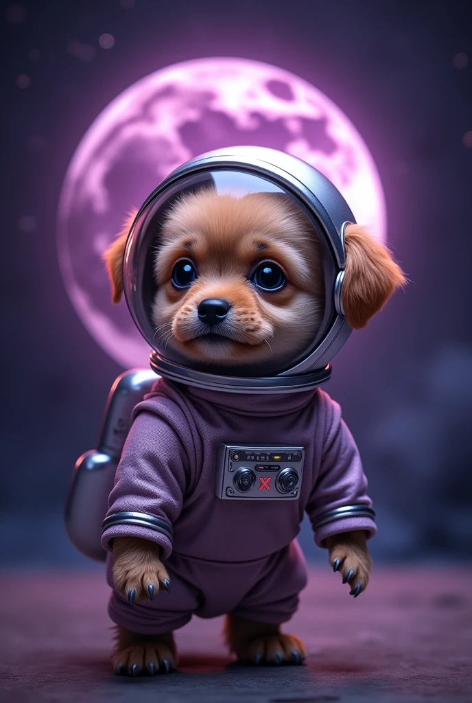 Un adorable petit chien portant une combinaison d'astronaute brillante avec un casque transparent,regardant passer une fusée SPACE X au-dessus d'une lune violette stylisée en forme de diamand. La lune présente des cratères et des textures, et l'arrière-plan est d'un noir profond, créant un contraste qui fait ressortir à la fois le chien et la lune. Le chien a un visage mignon et expressif, avec des yeux brillants visibles à travers la visière du casque. La combinaison spatiale a un aspect métallique avec un tuyau connecté, et l'image dans son ensemble est conçue dans un style fantaisiste et charmant.