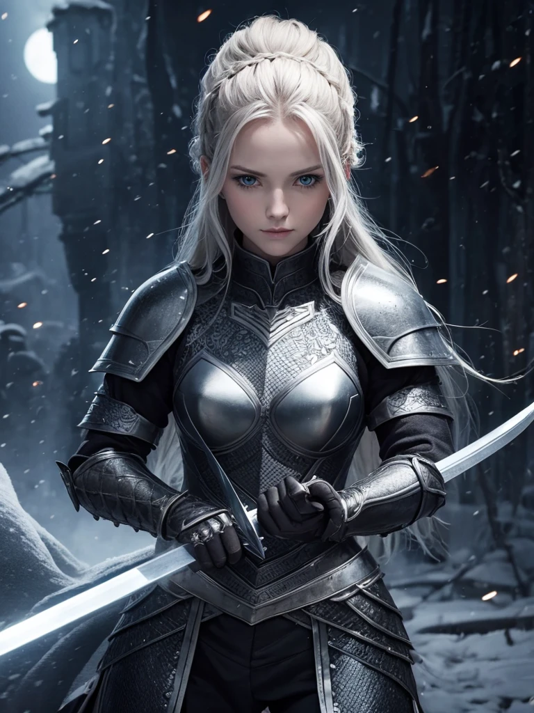 Nordic woman in dark armor and sword