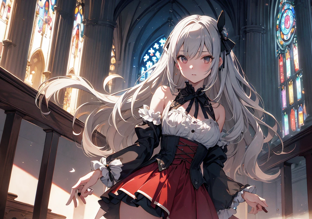 Realistic photos, Focus distance 10mm, Red and white, Beautiful girl, Realistic photos, Shooting at focus distance 10mm, masterpiece, 最high quality, high quality, Very detailed CG 8k wallpaper unit, Award-winning photography, Depth of written boundary, High resolution, bloom, chromatic aberration, Realistic, Very detailed, Art Station Trends, CGsociety Trends, Complex, High detail, dramatic, Art on the go, volumetric lighting, A silver-haired girl in a Disney-inspired Halloween costume is casting a spell in front of a Gothic church. A ghost floats in the background and a mysterious light shines through the church's windows