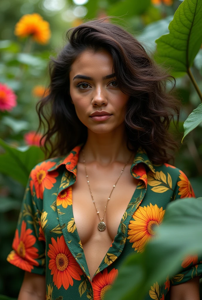 A Brazilian woman in a lush tropical garden, wearing an open shirt with a floral print, with a close-up capturing the harmonious beauty between her breasts and the natural flowers, showing off your natural charm and outgoing personality.