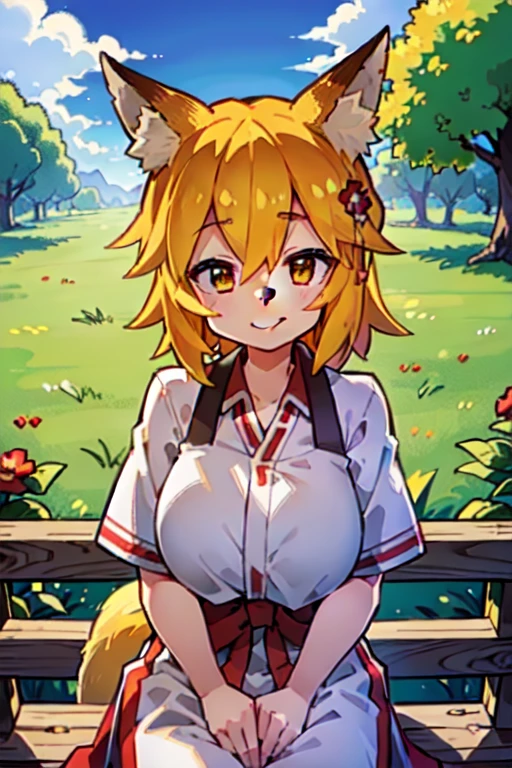 (Best Quality,4k,hight resolution,Masterpiece:1.2),detailed fox ears, multicolored flowers, field with beautiful trees, max detail, village, at home, Beautiful cloud, shy smile.very huge breast