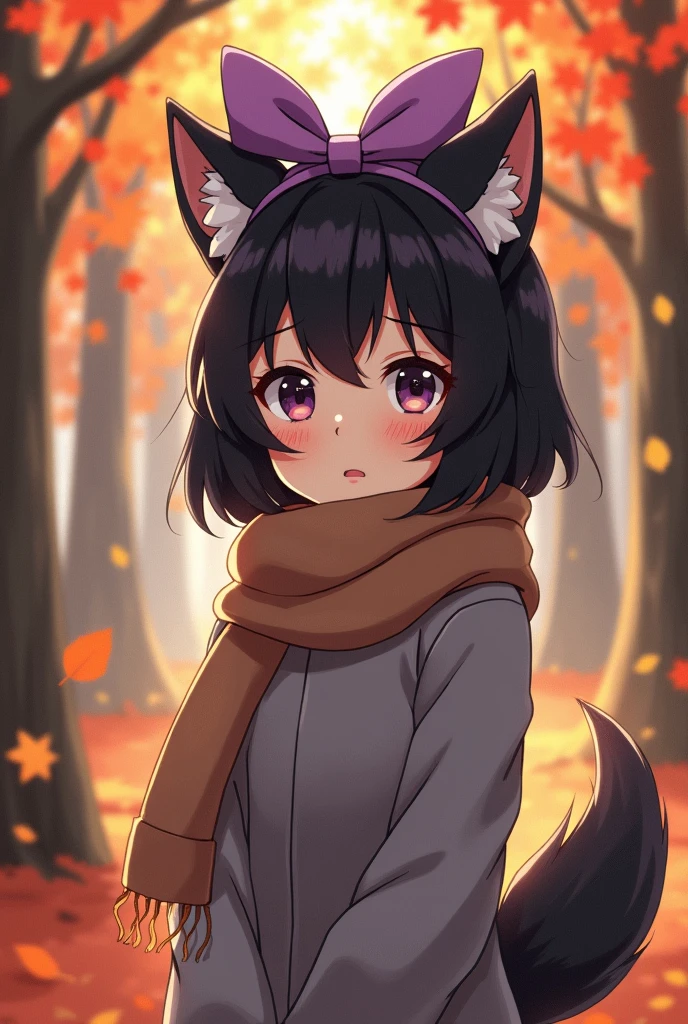 anime, teen girl, human, black fur, by the wide, gray clothes, purple bow on the head, brown scarf, autumn forest background