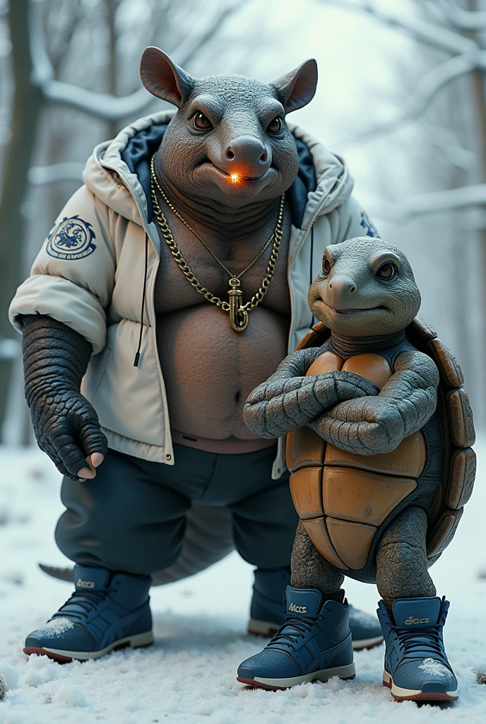 An armadillo with black scale-textured skin wearing black running shoes, in gangster style with a lit pipe in his mouth and a white snowboard jacket with a dragon symbol. Beside him a turtle with blue running shoes. The two are standing with their arms crossed in the snow. The armadillo and the turtle are around 2 meters tall and the sneakers are from ASICS.