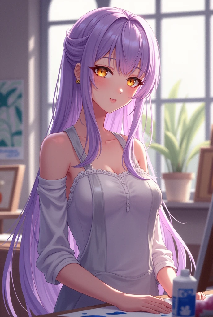 a beautiful girl, long soft lilac hair, amber eyes, big breasts, Estilo Genshin Impact, anime, Art teacher, teacher attire, paint stained apron, calm and smiling expression, yellow eyes