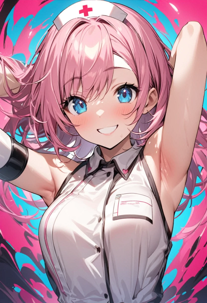 nurse、Show me your armpits、Pink haired woman、blue eyes、Front view、The best smile