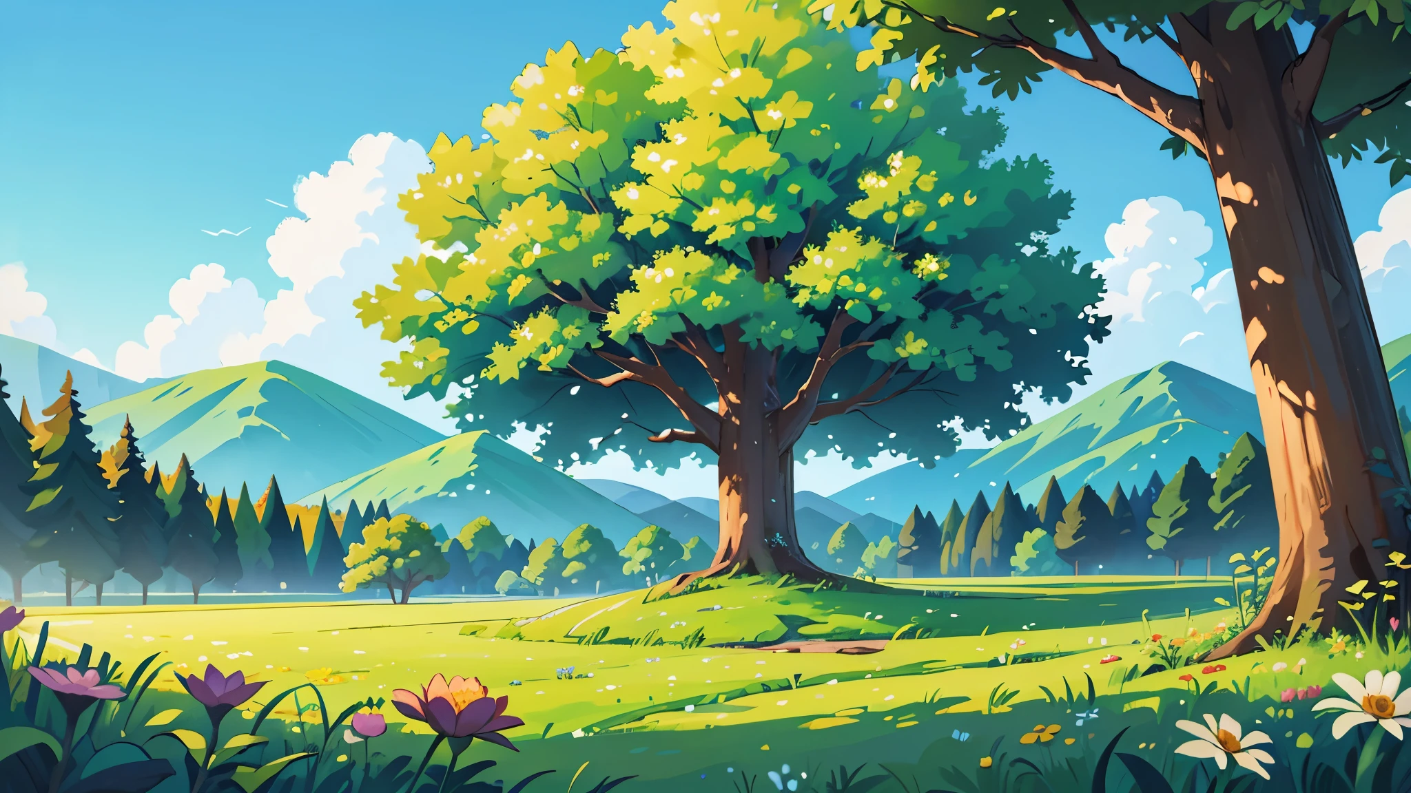 A thick-trunked tree in the foreground, beautiful landscape, summer meadow, peaceful landscape, romantic landscape, meadow with flowers, bright landscape, Fantastic landscape, peaceful scene, beautiful oil painting, Sunny and desert meadow in the background