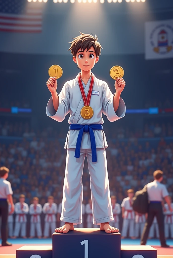 young man on podium 1,2,3rd place in karate blue belt holding 2 gold medals one in each hand