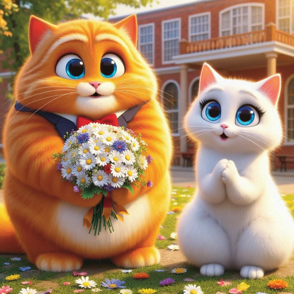 an orange, chubby cat, dressed in a classic black tuxedo with a bow tie, looks excitedly at his reflection in a mirror. The scene includes a montage of prom preparations, showcasing cat’s orange fur and chubby build in a refined and elegant style.