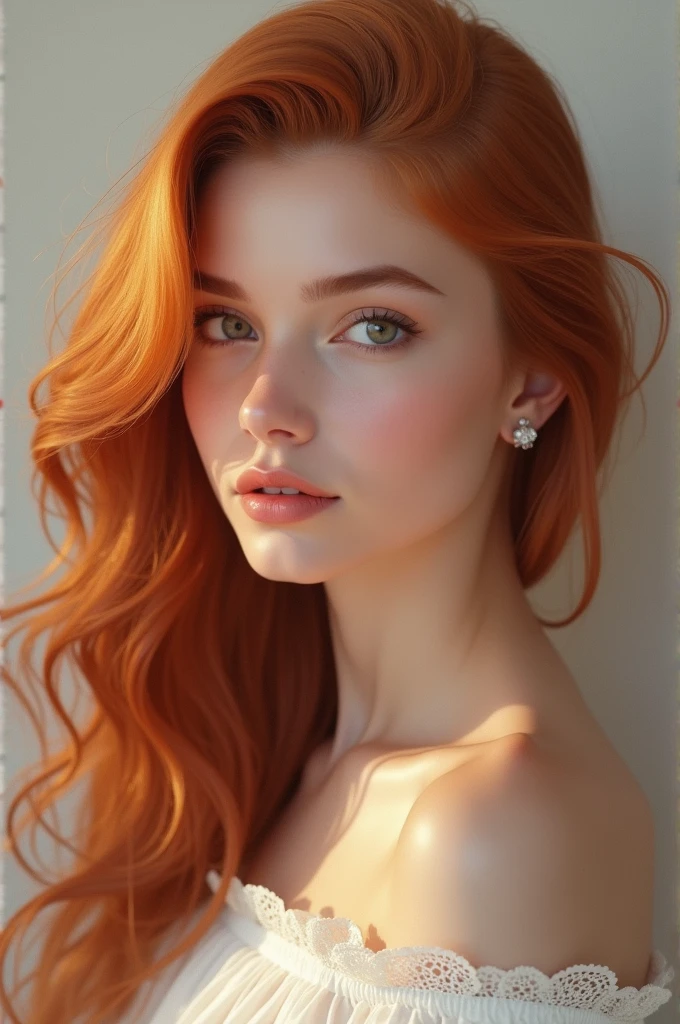 Perfect woman, round eyes, medium nose, oval face, round cheeks, round chin, light red hair