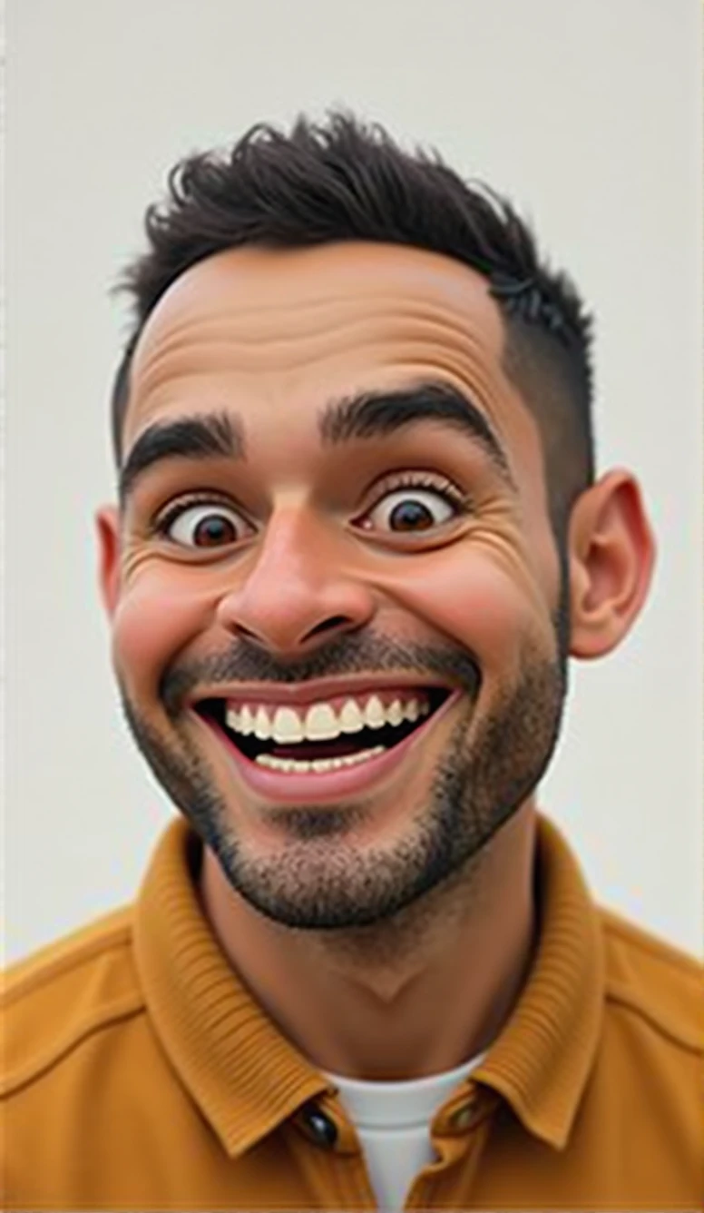 Illustration of smiling man, insane smile, brown skin man with a giant grin, smiling happily at the camera, cheeky smile, He is smiling, very huge smile, smiling male, headshot profile picture, laughing huge smile, drawing in 3D Art style, C4D, pure white color background, Disney style, pixar style render illustration Super Detail, 8k