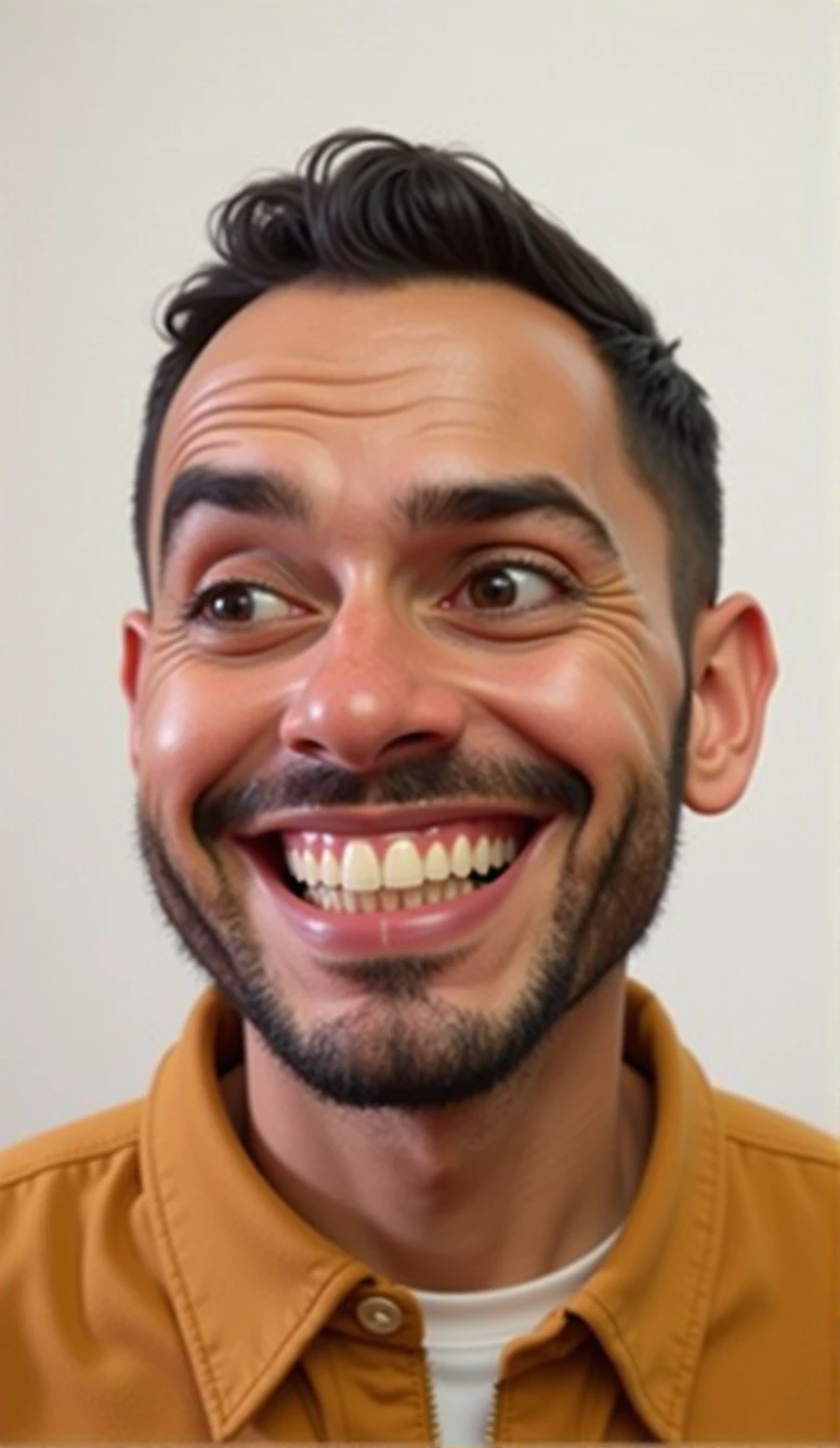 Illustration of smiling man, insane smile, brown skin man with a giant grin, smiling happily at the camera, cheeky smile, He is smiling, very huge smile, smiling male, headshot profile picture, laughing huge smile, drawing in 3D Art style, C4D, pure white color background, Disney style, pixar style render illustration Super Detail, 8k
