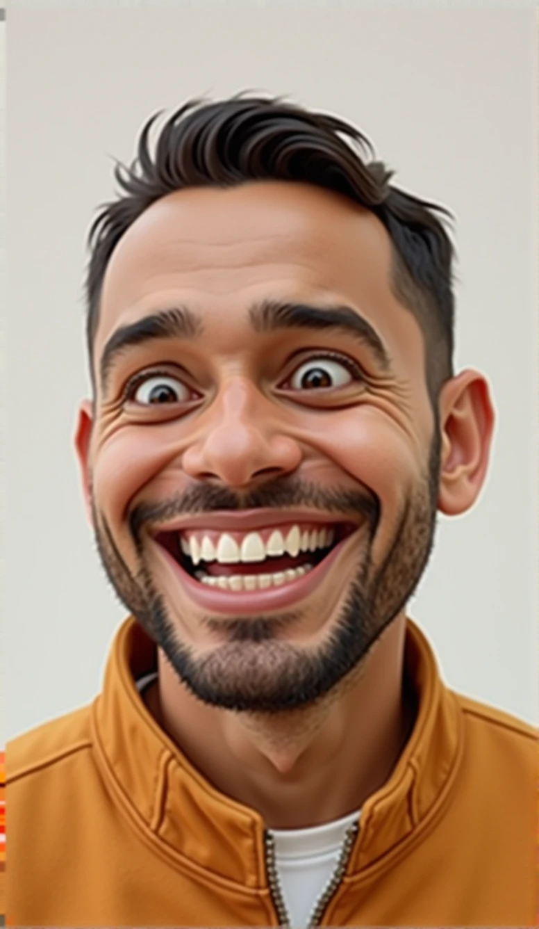 Illustration of smiling man, insane smile, brown skin man with a giant grin, smiling happily at the camera, cheeky smile, He is smiling, very huge smile, smiling male, headshot profile picture, laughing huge smile, drawing in 3D Art style, C4D, pure white color background, Disney  style, pixar style render illustration Super Detail, 8k