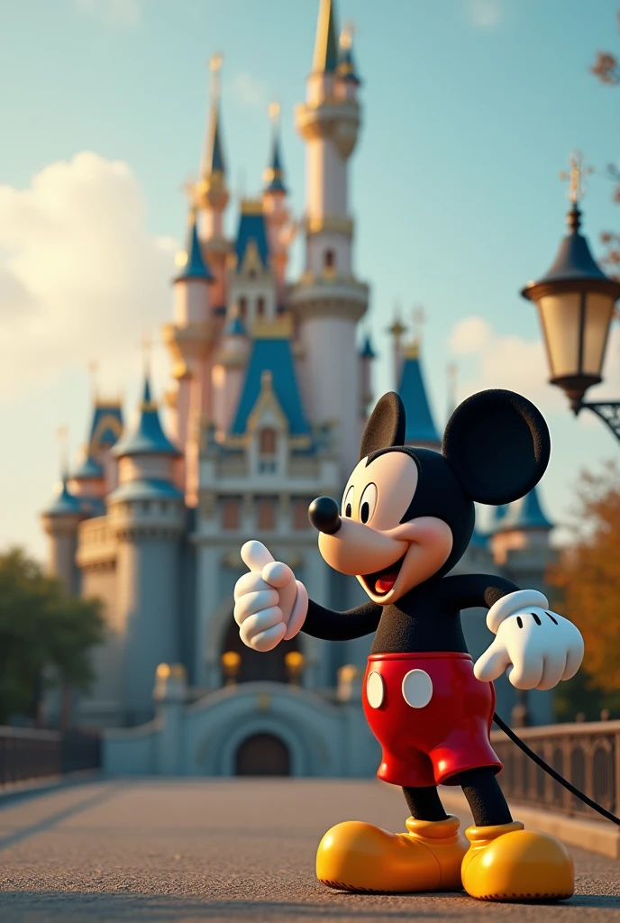 Can you generate a background for a Disney photomontage with Mickey on the right side and a castle in the background that is realistic and the castle is clear?