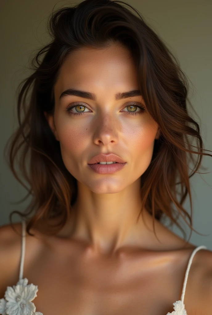A Brazilian woman's face, skin fair, clear eyes, medium long hair