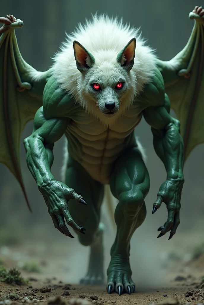A reference base of a bat and a hyena, that is a little muscular and has white and green colors with red eyes, that the wings are on the forearms