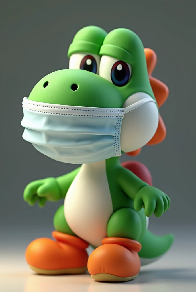 Yoshi with a white mask because he is sick, covering his nose