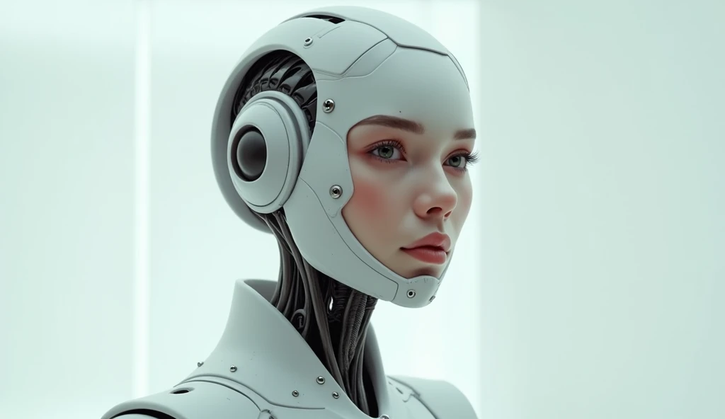 a robot woman half human and half robot her face is human beautiful perfect ultra realistic 8k