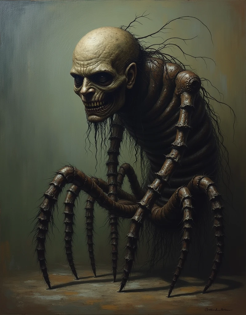 (best quality,hyperdetailed,ultra-detailed,realistic:1.2),Painterly, oil painting art, detailed depiction of centipede with a human face, somber atmosphere, somber lighting, soft lighting, art of Francisco Goya, creepy vibe, realistic portrayal of centipedes, intricate details, textured brushwork, gloomy color palette