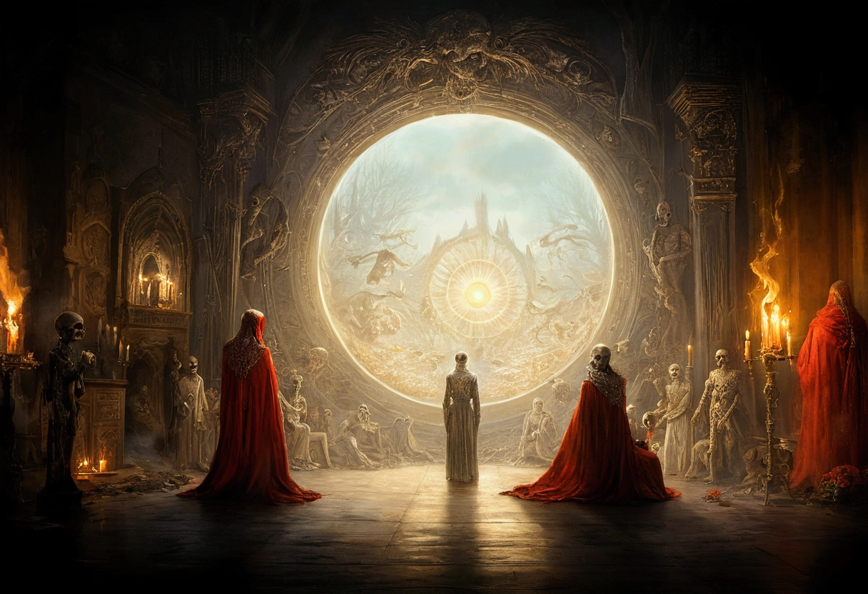 leave the image the same way, but in the middle (in the circle of light) a macabre creature is watching