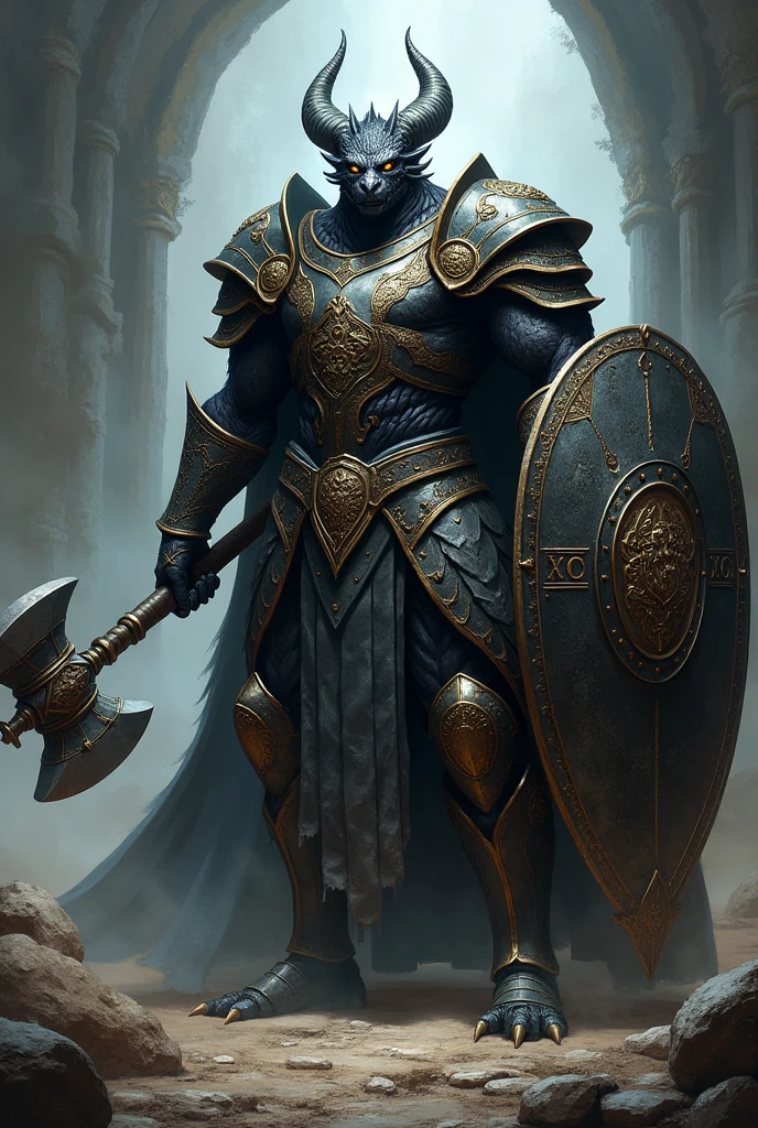 A DARK BLACK DRAGONBORN PALADIN WITH YELLOW EYES, WEARING FULL SCALE ARMOR AND WITH A WAR HAMMER IN HIS MAIN HAND AND SHIELD IN HIS OTHER HAND.