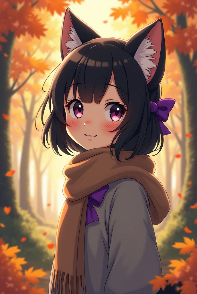 anime, girl, human, black fur, by the wide, gray clothes, purple bow on the head, brown scarf, autumn forest background