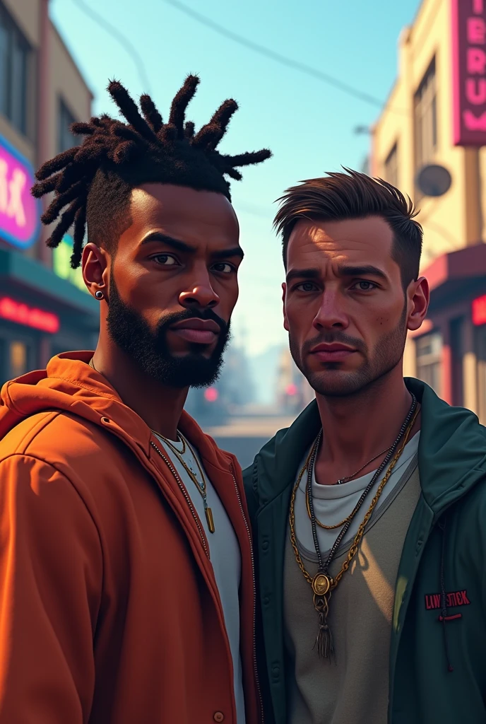 Deux hommes dont un à des cheveux rasta et l'autre à une coiffure simple. En mode Gta v 