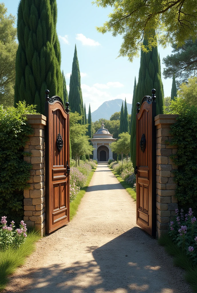 Front of the Resort:**
   - **entrance gate:** A wooden gate with wrought iron details, flanked by native trees. The entrance leads to a gravel road surrounded by well-kept gardens..
   - **gravel path:** Gravel road surrounded by cypress or native trees, leading to the main courtyard. As if it were real and not a drawing