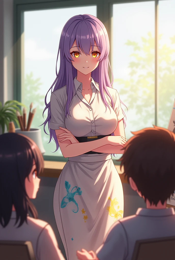 a beautiful girl, long soft lilac hair, amber eyes, big breasts, Estilo Genshin Impact, anime, Art teacher, teacher attire, paint stained apron, calm and smiling expression, yellow eyes
