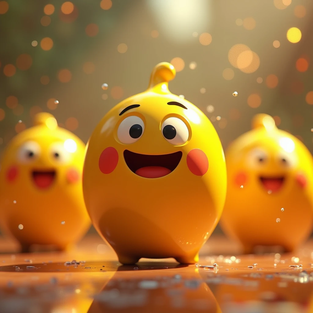 [3D stylized animation reminiscent of the work of pixar and studio ghibli], [ soft, diffuse lighting, vibrant colors, shiny textures, shallow depth of field, bokeh effect in the background, water drops reflecting the light]lol emoji, isolated, 3D render, 8k, cinematic lighting, bright colors, glowing, metallic, glossy, detailed, photorealistic, highly detailed, intricate details, dynamic composition, dramatic shadows, volumetric lighting, high-quality, sharp focus, ultra-detailedShow several round yellow balls like (((Emoji))), with anthropomorphic features such as smiling faces and rosy cheeks. Craft a hyper-realistic 3D image of a face with a big smile, eyes wide open, and an expression of sheer joy and excitement. Position the face in different views: front view, slightly tilted upwards, and slightly tilted downwards. Use detailed skin textures and lighting to create a vibrant and dynamic look."


