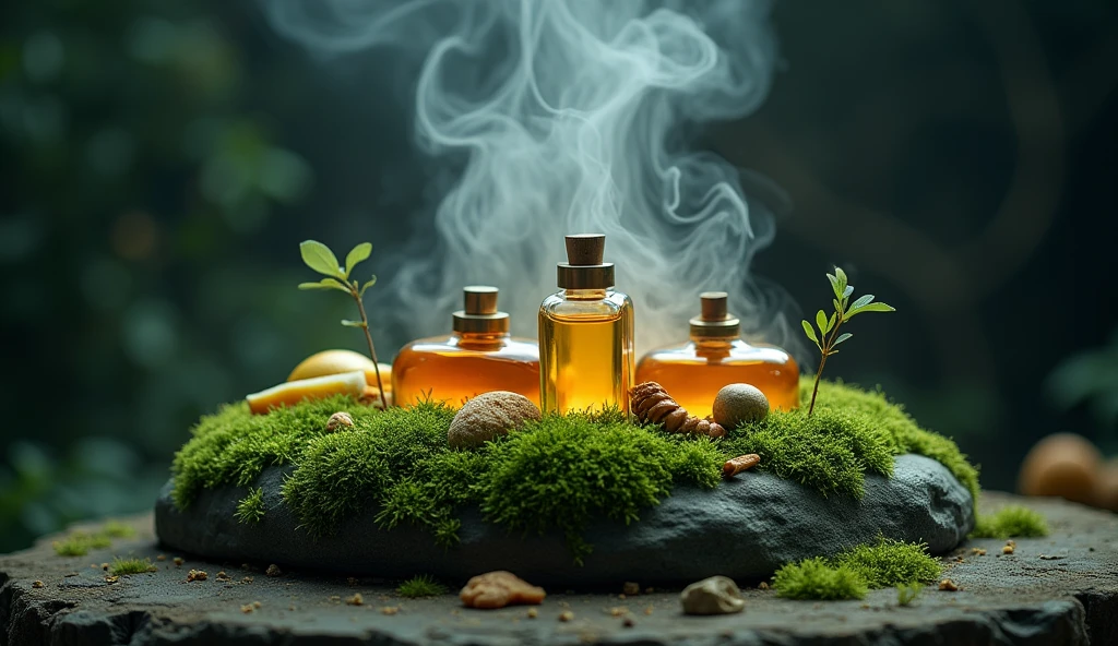  on a base rock with moss, bergamot, patchouli and caramel behind with dark light
