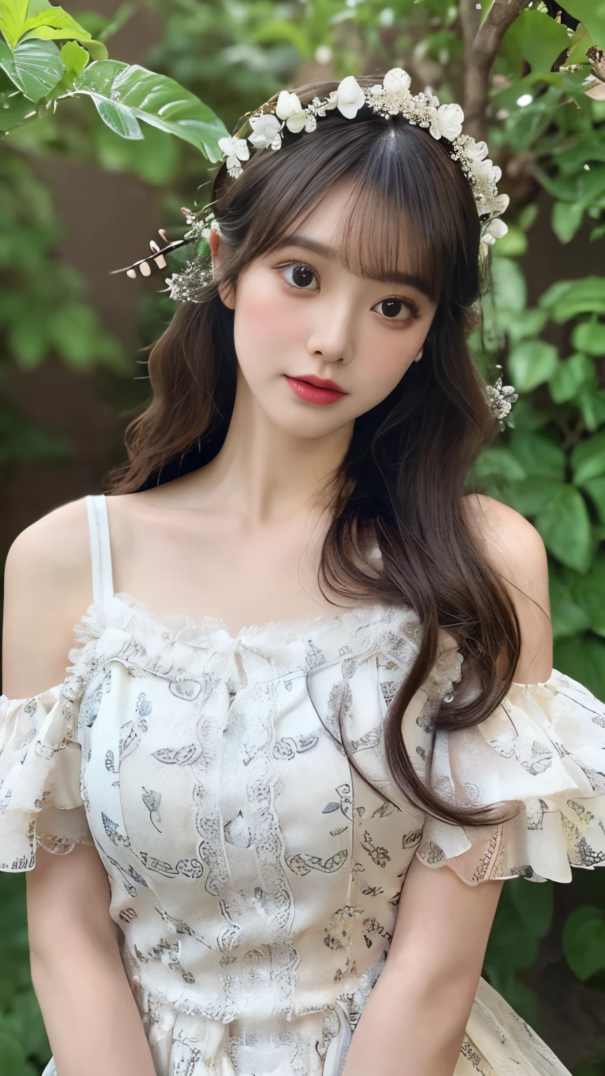 wide shot,((full body))black hair,outdoor,((garden)),flower_dress,(1 beautiful Japanese idol, 20 years old), perfect body, Detailed beautiful delicate face, Detailed beautiful delicate eyes and eye highlights, Very thin and delicate eyelashes that are not too long, (finely detailed beautiful blown big eyes and detailed face), natural makeup, slender face, (lustrous skin, realistic detailed skin), (looking at viewer:1.2),masterpiece, (best quality:1.2), 8k, RAW photo, (Realistic, hyper realistic, photorealistic:1.3), Ultra High Res, intricate details, ultra detailed, High quality texture, distinct image