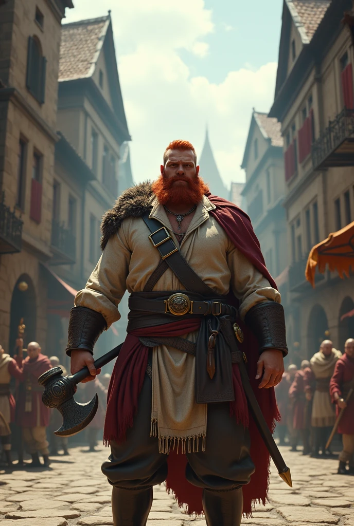 the best quality, very high resolution, detailed 4K CG, work of art, naughty man, military style red hair, closed beard, medieval city, natta, beautiful aesthetic, Beautiful picture, centered on screen, buccaneer clothes, ax