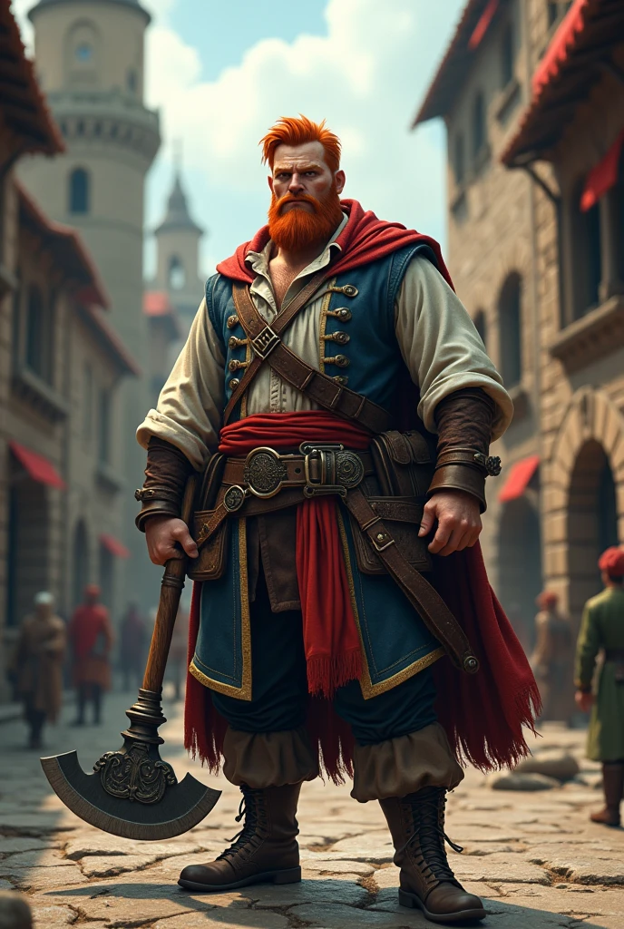 the best quality, very high resolution, detailed 4K CG, work of art, naughty man, military style red hair, closed beard, medieval city, natta, beautiful aesthetic, Beautiful picture, centered on screen, buccaneer clothes, ax