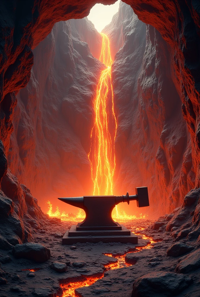 Hollowed out Volcanic mountain flowing lava falls blacksmith forge inside the mountain Anvil blacksmith hammer no people 