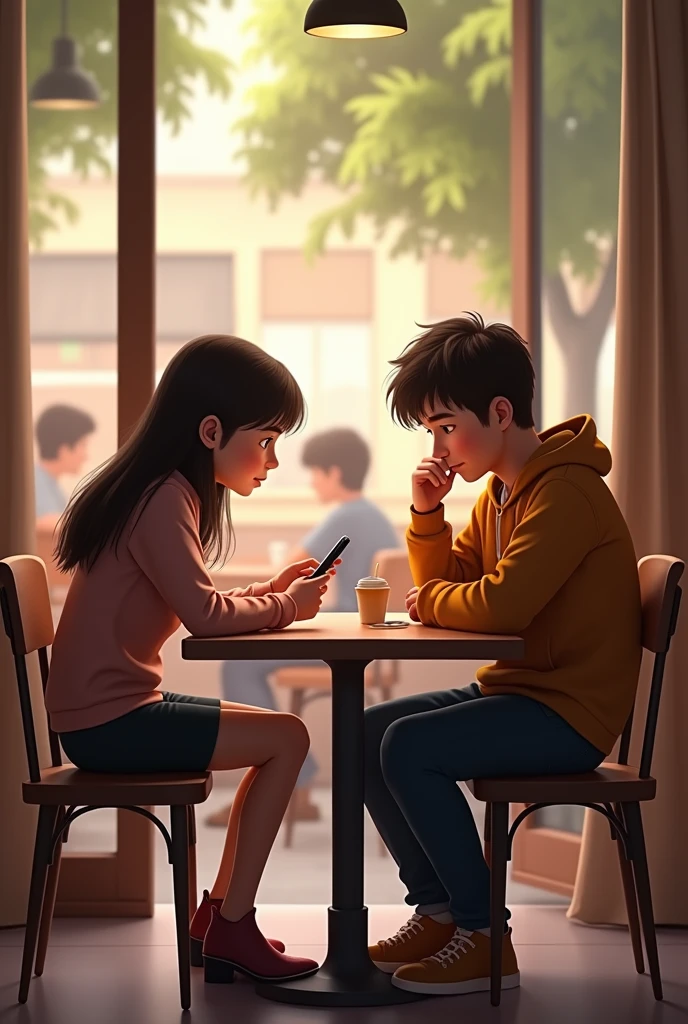 Of friends, Sofia and Manuel, They are sitting at a cafe table. Although they are talking about their plans to go to the movies, The image focuses on there being no significant visible interaction. Sofia is looking at her phone while talking, checking your schedule, while Manuel, with arms crossed, He is thinking and looking ahead.