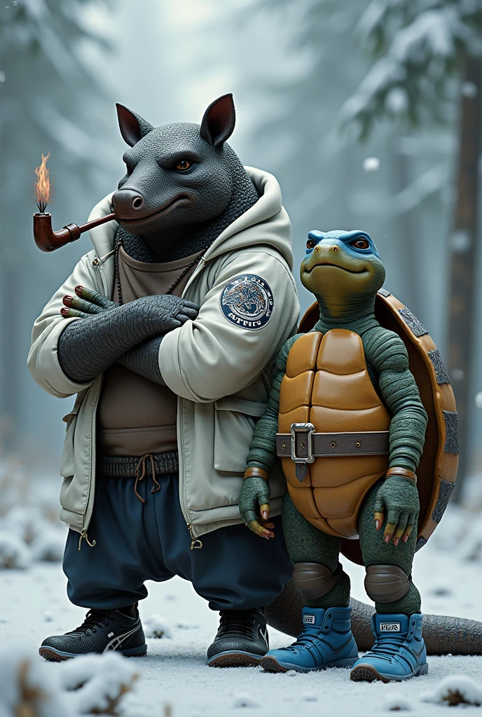 An armadillo with black scale-textured skin wearing black running shoes, in gangster style with a lit pipe in his mouth and a white snowboard jacket with a dragon symbol. Beside him a turtle with blue running shoes. The two are standing with their arms crossed in the snow. The armadillo and the turtle are around 2 meters tall and the sneakers are from ASICS.