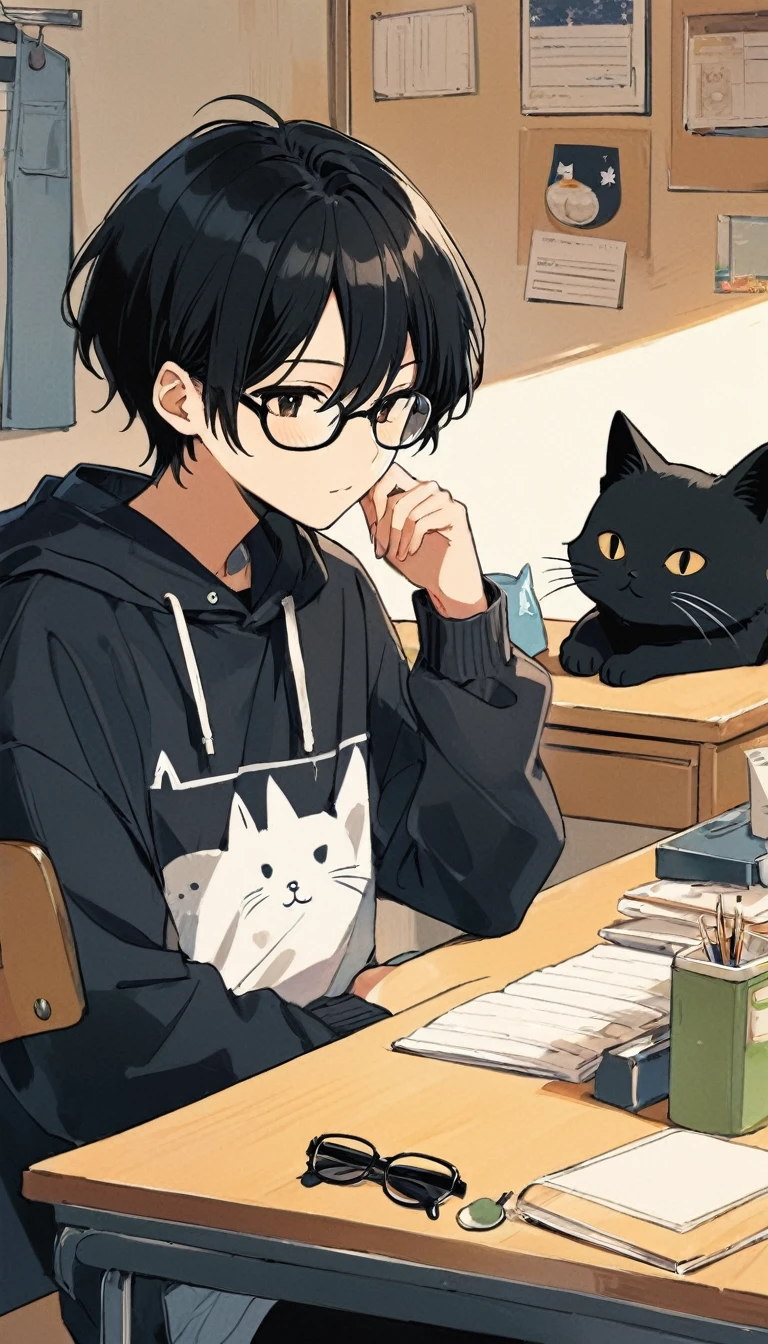 anime boy with black hair and glasses sitting at a desk with a cat, inspired by Okumura Togyu, inspired by Okumura Masanobu, in anime style, anime visual of a cute cat, in an anime style, anime asthetic, anime cat, anime aesthetic, modern anime style, anime lover, anime picture, pin on anime
