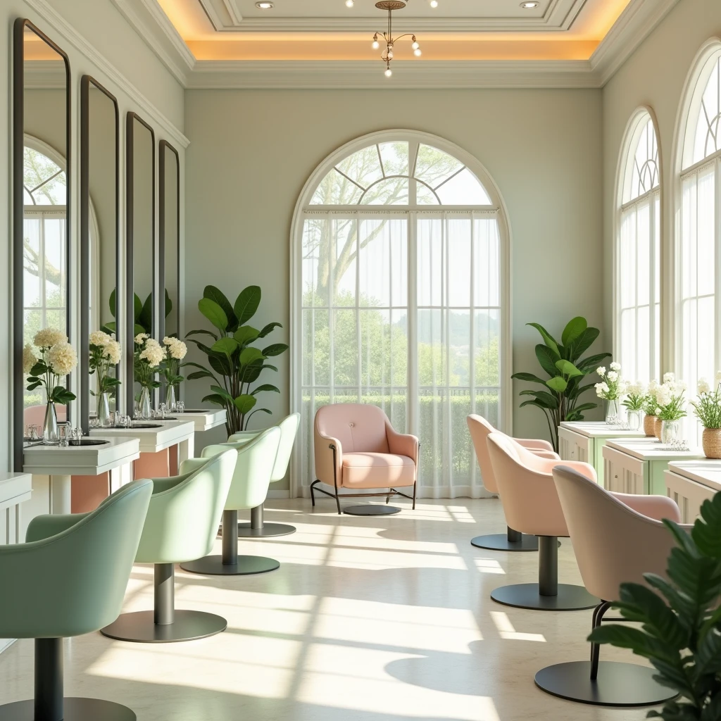 A simple beauty salon, but chic, inner part with green and pink tones, showing chairs and mirrors. 
