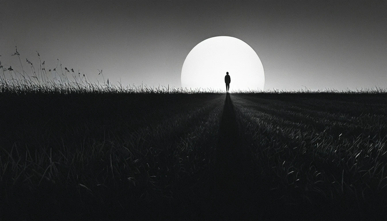 Person standing in an empty field, their shadow elongated by the setting sun, minimalist Journey,highres,ultra-detailed,realistic,portrait,monochrome,contrast,bold lines,dark atmosphere,simple composition,dramatic lighting,expressive face,subtle emotions,striking gaze,intense stare,simple clothing,mysterious background,haunting beauty,graceful pose,mysterious aura,vivid black and white tones,ethereal,concept art,journey of self-discovery,quiet introspection,depth of the soul,symbolic representation,minimalist environment,subtle details,emotional depth,striking simplicity,balance of light and darkness,surreal experience,striking shadows,subtle textures,detailed expression,striking visual impact,straightforward yet thought-provoking,wide range of emotional interpretation，shadow，anatomical correct:2
