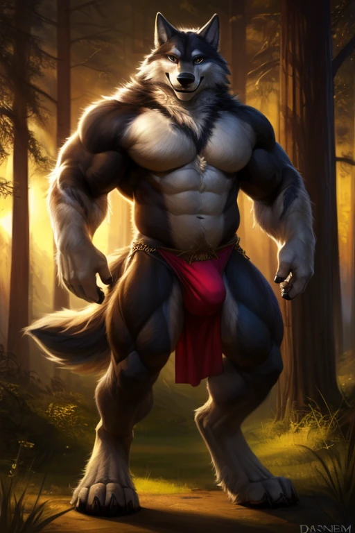 4k, high resolution, best quality, perfect lighting, solo, anthro, wolf, furry body, male, adult, (bulky, thick muscles:1.25), (biceps, broad pecs, broad shoulders:1.1), (thick legs, thick calves:1.1), (digitigrade legs, 4 toes:1.2), loincloth, (bulge), perfect colors, (photorealistic fur, detailed fur, epic, masterpiece), (suggestive posing:1.2), (seductive smile, lustful grin 1.3), detailed forest, detailed wolf eyes, by k0suna, by darkgem
