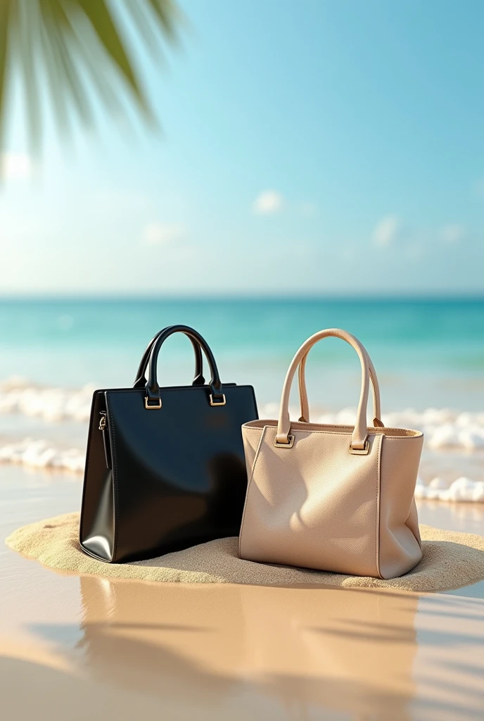 Make a black bag and a beige bag on a beach