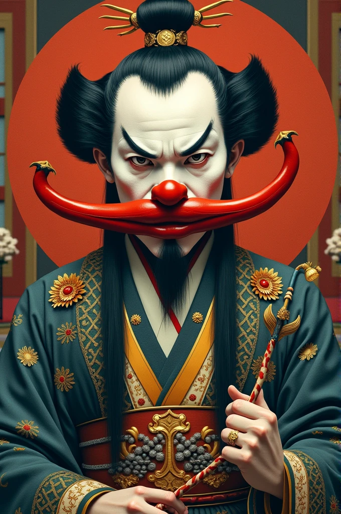 Japanese lord, white face, red lipstick, idiot