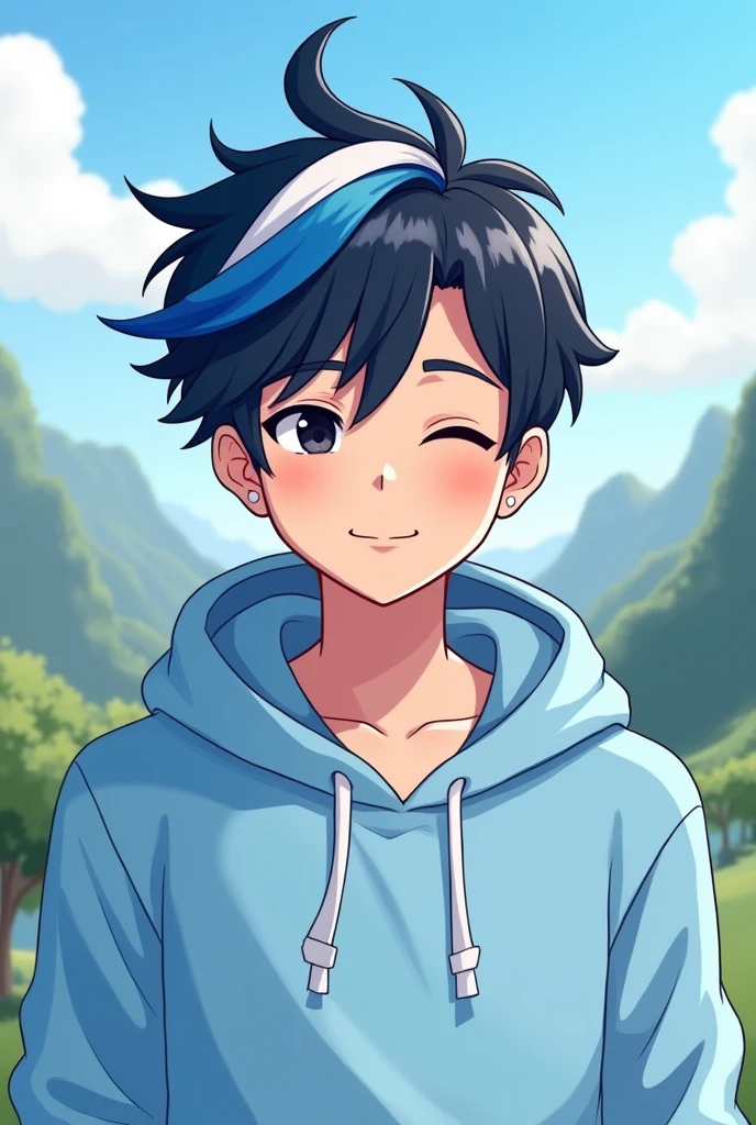 A discord profile picture of a man with black hair with a white and blue streak and a light blue hoodie with black eyes with a hood with low fade hair with a cartoon style valley background with a smile and closed eyes and a blue and white streak male average
