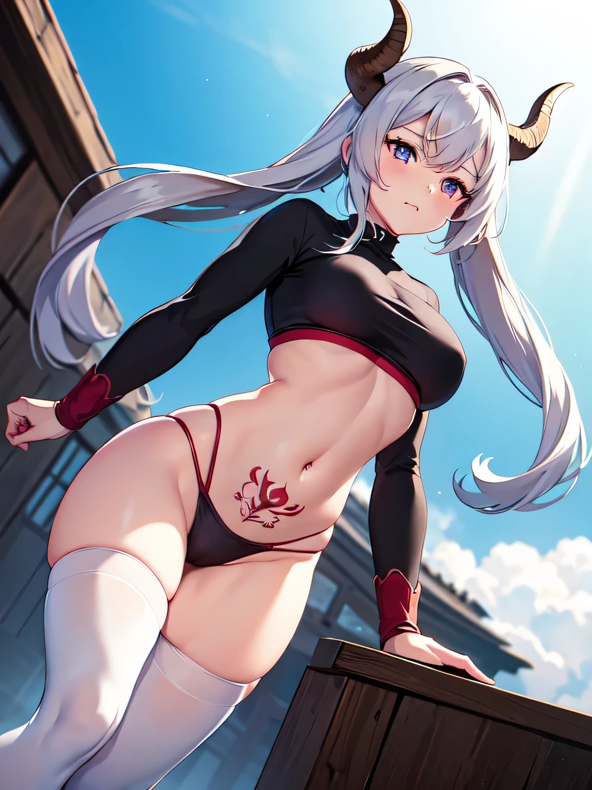 all intricate details, a anime fantasy picture of a girl character, 1girl view, solo, cameltoe, thighhighs, tattoo, long hair, navel, looking at viewer, black-red horns, crop top, a dragon in pubic tattoo, stomach, white-purple hair, long sleeves, short diamond armor, firm breasts, medium breasts, black thighhighs, shirt, black footwear, thighs, bright light purple eyes, closed mouth, sexy pose, random angle, power stance, random background, nude