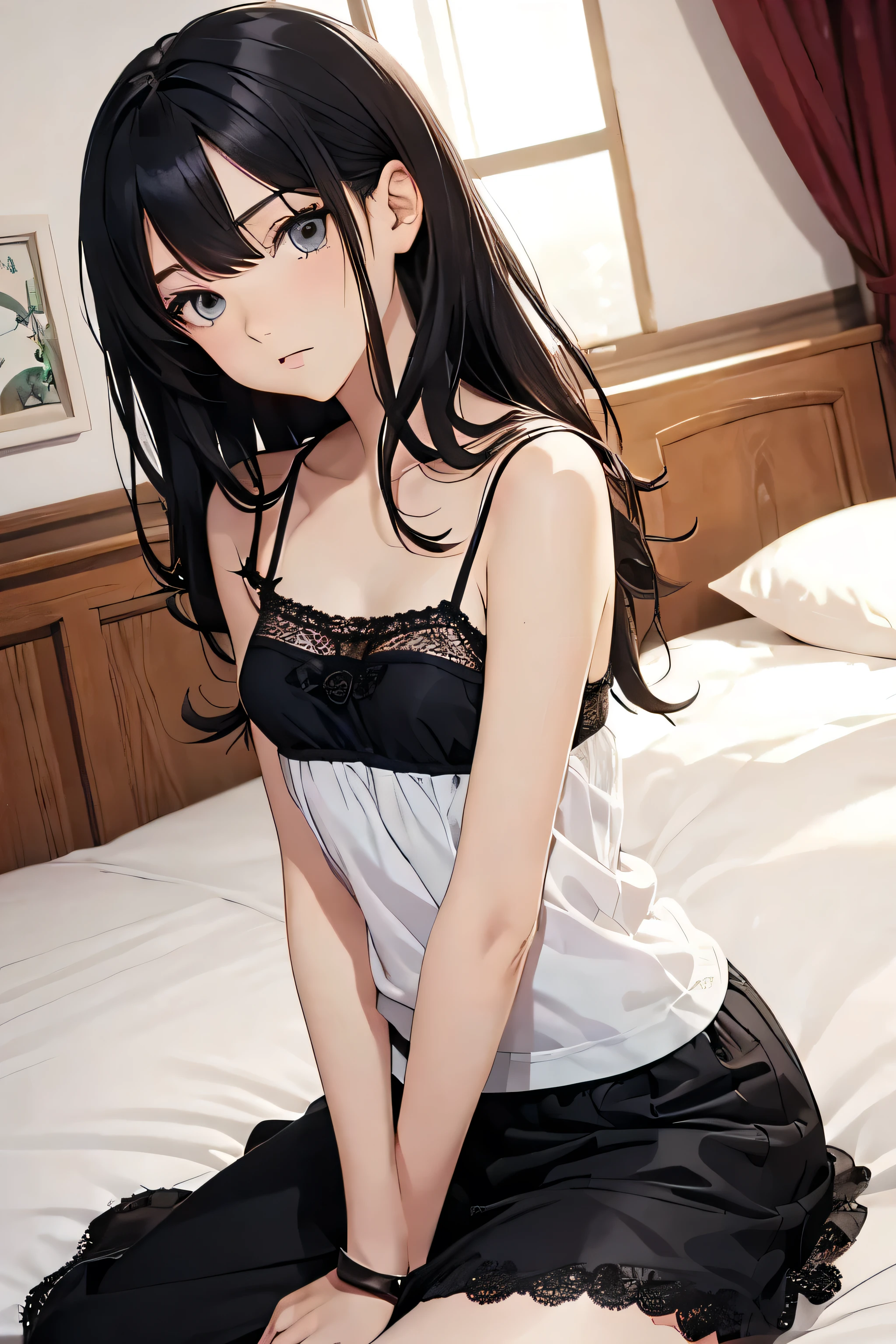 ((Highest quality)), ((2D)), (Anime Style), Perfect Face,,Beautiful Face,Narrow eyes,bed,Small breasts,Thin arms,Skinny,Lace camisole,Black Hair