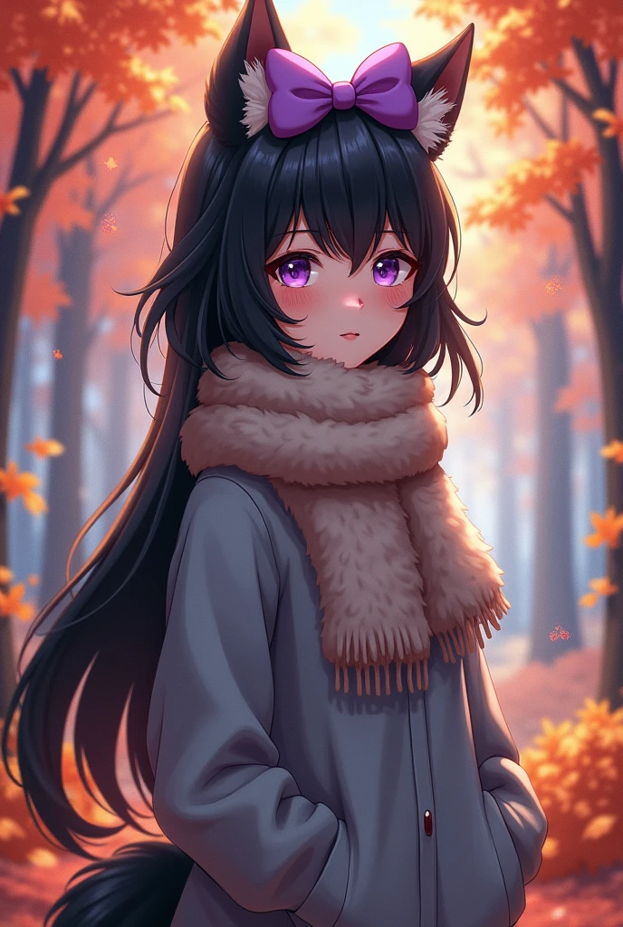 anime, teen girl, human, black fur, by the wide, gray clothes, purple bow on the head, brown scarf, purple eyes autumn forest background