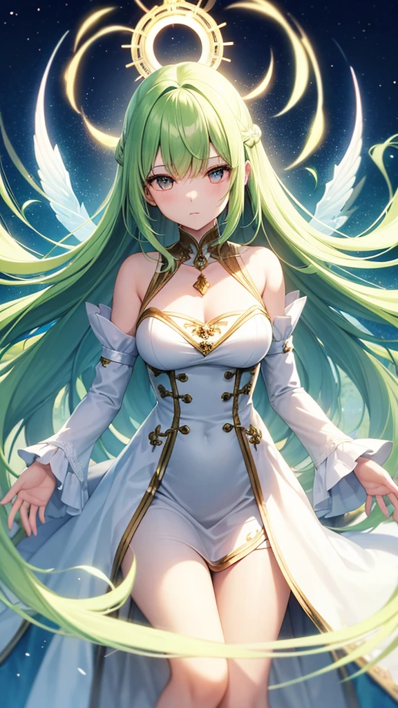 women, eleven, mystical aura, green hair with gradient to white, straight hair, Collect, brown and white dress , Eastern and Western style ruffled dress, bicolor eyes, ethereal poses, Goddess