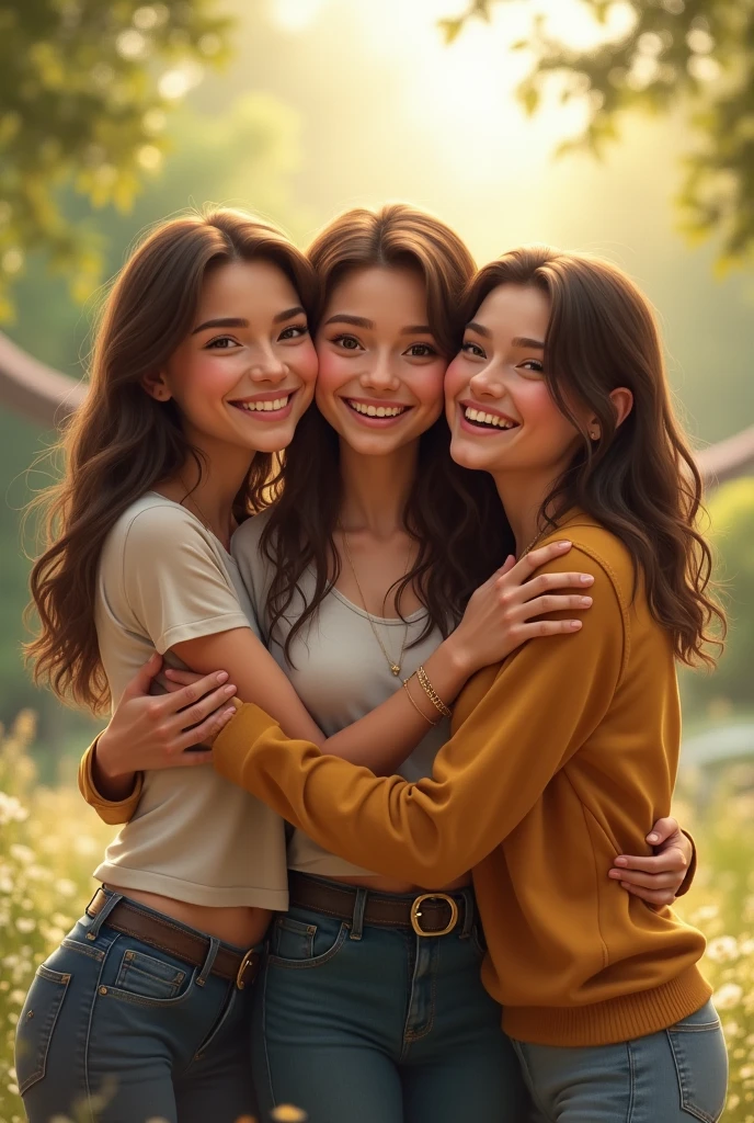3 friends hugging each other with their arms around each other's shoulders