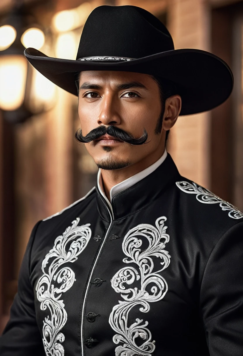 1 man, tan skin, black hair, tapered slick back hairstyle, black mariachi outfit with white color accents, curly handlebar mustache, black cowboy hat, extremely detailed face and eyes, highly detailed, portrait, photo-realistic, hyperrealistic, dramatic lighting, cinematic, epic, masterpiece