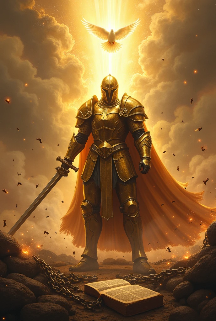 fund: WITH A LIGHT FROM THE SKY a battle landscape, to create a sense of conflict and intensity.

soldier: At the center, a soldier in shining GOLD COLOR armor, with shimmering metallic details. Armor must be detailed and imposing, reflecting light to create a glowing effect.

elsword: The soldier is holding a sword firmly, and the blade should look sharp and powerful. The sword may be cutting chains that are falling apart around it.. Chains can be represented with iron details, some breaking or falling apart.

chains: The mooring chains may be visibly breaking or being cut by the sword. You can show some of them falling to the ground and others still partially attached., to emphasize the act of liberation.

Additional Elements:A HOLY SPIRIT DOVE FLYING with a lot of light around the dove Depending on the style you want, you can add details like glow around the sword, sparks of energy, or a subtle shine on the armor to increase the visual impact. A BIBLE ON THE FLOOR 